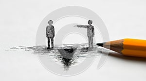 A simple hand-drawn doodle featuring two men, one on the left and the other on the right, both pointing downward toward the ground