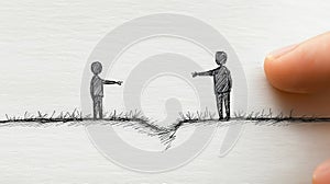 A simple hand-drawn doodle featuring two men, one on the left and the other on the right, both pointing downward toward the ground