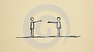 A simple hand-drawn doodle featuring two men, one on the left and the other on the right, both pointing downward toward the ground