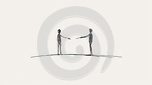 A simple hand-drawn doodle featuring two men, one on the left and the other on the right, both pointing downward toward the ground