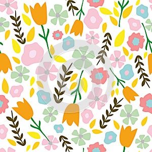 Simple hand drawn garden flowers with tulips, daisies and scattered branches