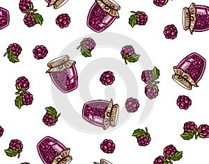 Simple hand drawn illustration of homemade jam jam with cherry berries, seasonal autumn indoors activities