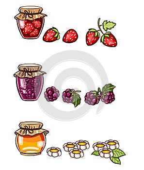 Simple hand drawn illustration of homemade jam jam with cherry berries, seasonal autumn indoors activities