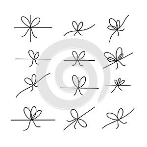 Simple hand drawn line bows on ribbon vector set. Rope knots on string, different bowknots design collection isolated on