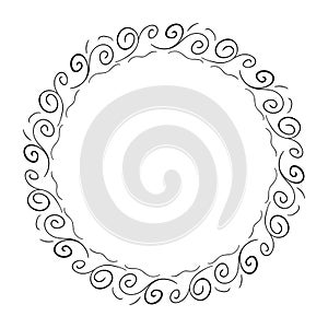 Simple Hand drawn vector frame isolated on white background. Black swirls curves decorated in circle