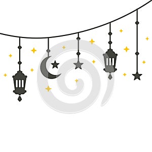 Simple hanging Arabic traditional lantern lamp for Ramadan Kareem, Eid Fitr or Adha Mubarak Greeting banner card. crescent moon