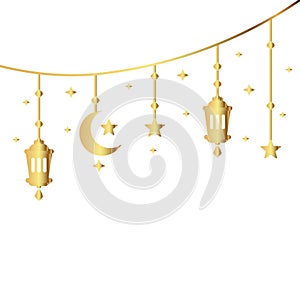 Simple hanging Arabic traditional lantern lamp for Ramadan Kareem, Eid Fitr or Adha Mubarak Greeting banner card. gold golden