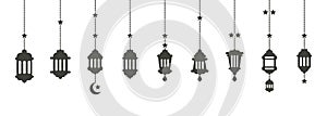 Simple hanging Arabic traditional Ramadan Kareem lantern collection set. Eid Fitr or Adha Mubarak lamp Greeting crescent moon and