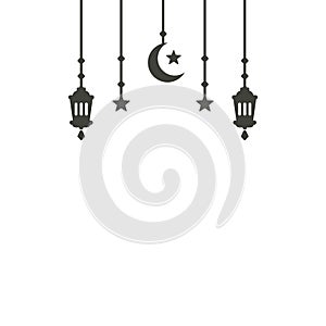 Simple hanging Arabic traditional Ramadan Kareem lantern. Eid Fitr or Adha Mubarak lamp Greeting crescent moon and star symbol