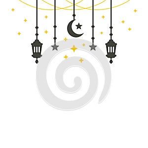 Simple hanging Arabic traditional Ramadan Kareem lantern. Eid Fitr or Adha Mubarak lamp Greeting crescent moon and yellow stars