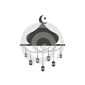 Simple hanging Arabic traditional Ramadan Kareem lantern on Mosque dome. Eid Fitr or Adha Mubarak lamp Greeting crescent moon and