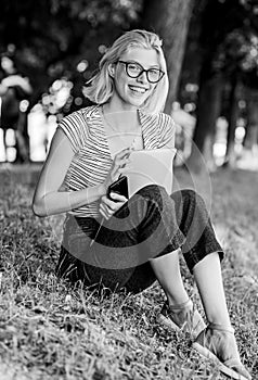 Simple happiness. Closer to nature. Nature inspiring environment. Girl carefree student worker laptop relaxing outdoors