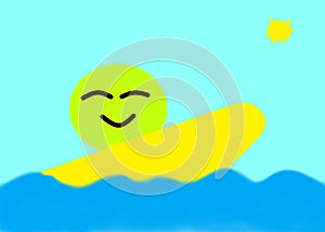 A simple happy green smiling icon simile surfing a yellow surf board on a sunny blue clear sky day at sea