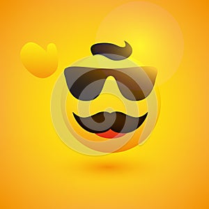 Simple Happy Male Emoticon with Sunglasses, Waving Hand, Hair and Mustache on Yellow Background - Vector Design for Web