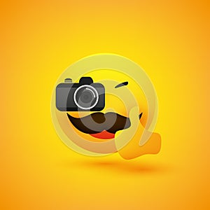 Simple Happy Smiling Male Photographer Emoji with Moustache Looking Into and Taking Picture with a Digital Camera