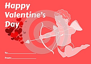 Simple `Happy Valentine`s Day` card with Cupid for crush or lover, pink Valentine holiday greeting postcard with text message