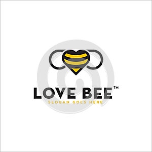 Simple heart with bee logo design, love bee logo inspiration, honey, vector template icon modern