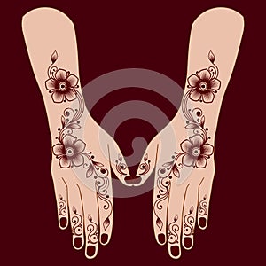 Simple henna mehndi mehendi design on two hands indian arabic asian culture vector illustration