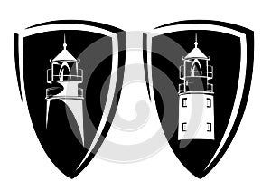 Simple heraldic shield with lighthouse tower black vector silhouette design set