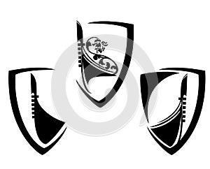 Simple heraldic shield with venetian gondola boat black vector silhouette design set