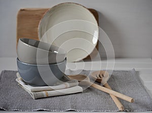 Simple home kitchen still life on a background of bright walls on a wooden table.Country style.