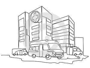 Simple hospital with buildings and ambulances in one line on a white background