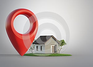 Simple house with location pin icon on white background in real estate sale or property investment concept.