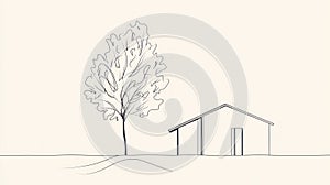 Simple House and Tree Drawing Outline.