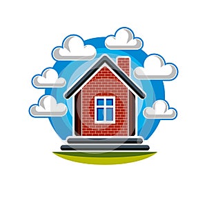 Simple house vector illustration, countryside idea. Abstract image of a building over beautiful landscape with blue sky and fluff