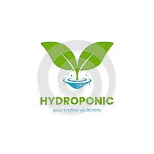 Simple hydroponic farm logo icon with natural green leaf and water ripple symbol