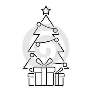 A simple icon of a Christmas or New Year tree with gifts.