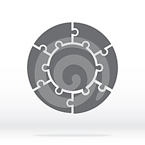 Simple icon circle puzzle in gray. Simple icon circle puzzle of the six pieces and center on gray background