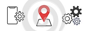 simple icon. gear, setting, sync, mobile, location and map pin. white background. vector illustration