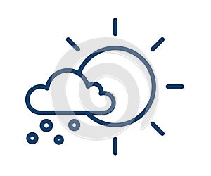 Simple icon with hail falling from cloud in sunny weather. Meteorology logo with sun and snow in line art style