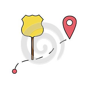 Simple icon. Path and route with location point and highway sign