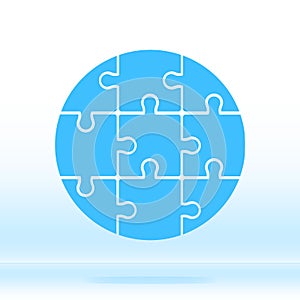 Simple icon puzzles in blue. Blue circle of puzzle. Simple icon puzzle of the nine elements.