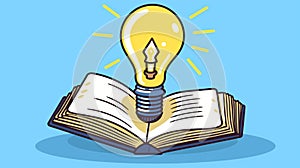 a simple icon of a ruler next to an open book with a light bulb glowing above a blue background, AI generated