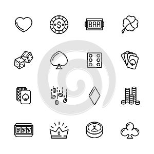 Simple icon set casino, gambling and card games. Contains such symbols dice, cards, suit, chips, money, bets, jackpot