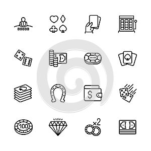 Simple icon set casino, gambling and card games. Contains such symbols diller, player, dice, cards, suit, chips, money