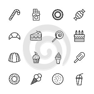 Simple icon set confectionery, pastries and sweets. Contains such symbols lollipop, chocolate bar, candy, donut