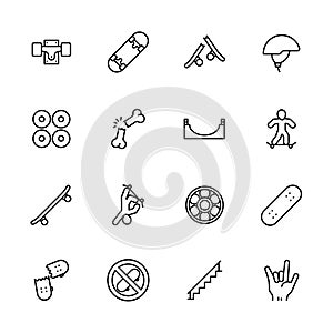 Simple icon set skateboarding and youth sport. Contains such symbols skateboard, wheels, extreme sports, injuries
