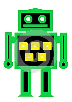 A simple icon shape of a classic squarish green black robot white backdrop