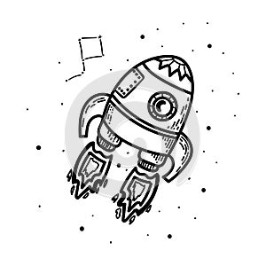 A simple icon of a spaceship, a rocket. Hand-drawn sketch in the style of a rocket flying in space. Space transport