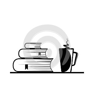 Simple icon of a stack of books and a cup with a hot drink