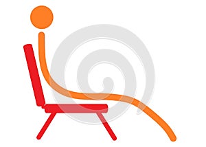 A simple icon symbol of an orange slender man slouch sitting on a red chair white backdrop