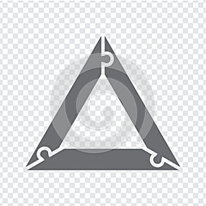 Simple icon triangle puzzle in gray. Simple icon triangle puzzle of the three elements on transparent background. Flat design.