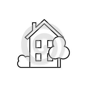 A simple icon of a two-storey house with a tree and a bush. A linear image of a house with four windows and a sloping