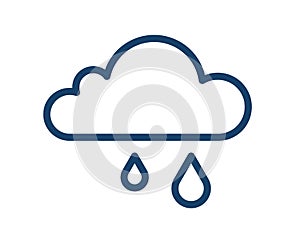 Simple icon of wet and rainy weather with rain drops falling from cloud. Raincloud logo with two raindrops. Contoured