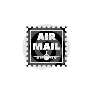 A simple, iconic air mail stamp design featuring the words AIR MAIL and silhouetted airplane, conveying the concept of
