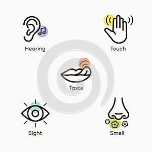 Simple icons with color accent for the basic five human senses - hearing, touch, taste, sight and smell